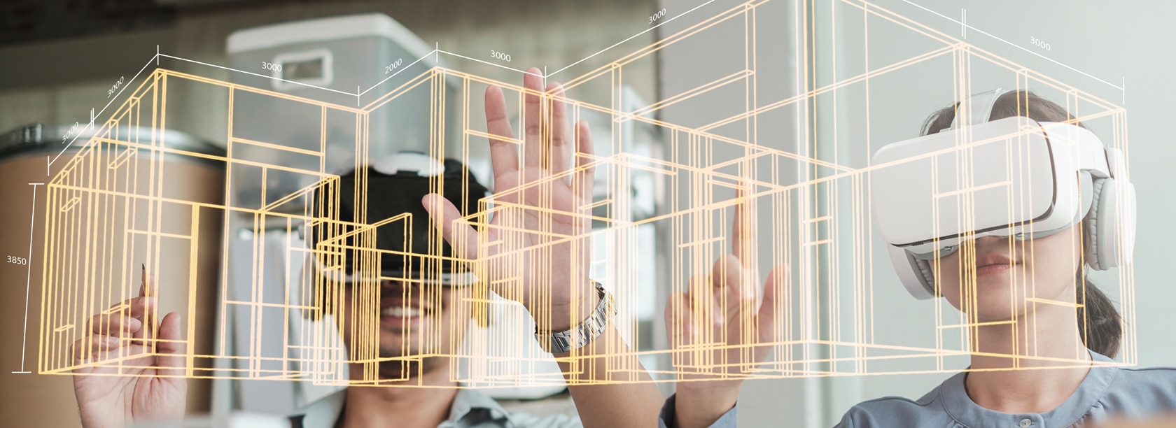 Credit: ME Image Two people wearing VR headsets interact with a 3D architectural model.