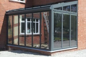 Lean-to roof with angled fixed frame glazing