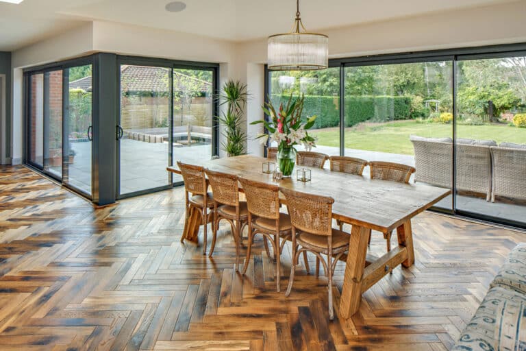 Large open plan kitchen extension with parque flooring
