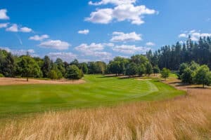 A golf course with neatly mowed green fairways, surrounded by tall trees and dry grass, under a clear blue sky with scattered clouds.