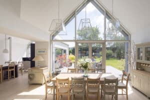 IDSystems Thermo65 aluminium French doors with sidelights and gable end glazing