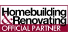 Logo of "Homebuilding & Renovating" with "Official Partner" text beneath it in a red box, symbolizing innovation and style akin to sleek bifold doors.