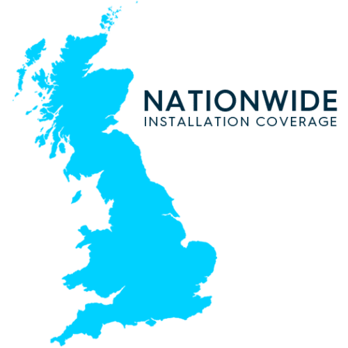 Silhouette map of the United Kingdom showing national installation coverage