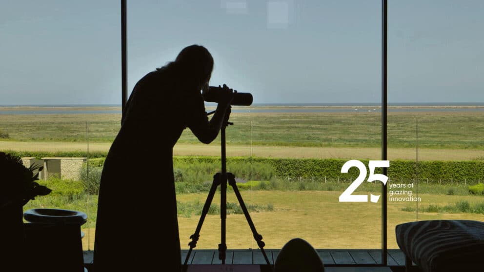 Silhouette of a woman using a telescope by a large sliding doors, overlooking a scenic landscape