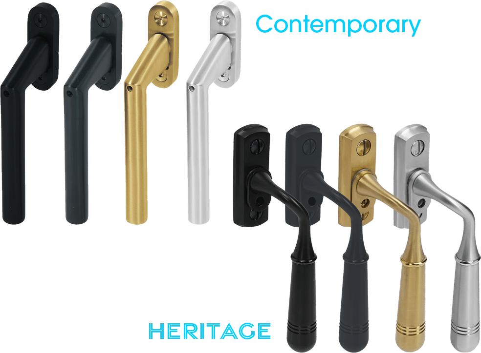 Various colored window handles are arranged in rows, showcasing designs in black, bronze, and silver finishes.