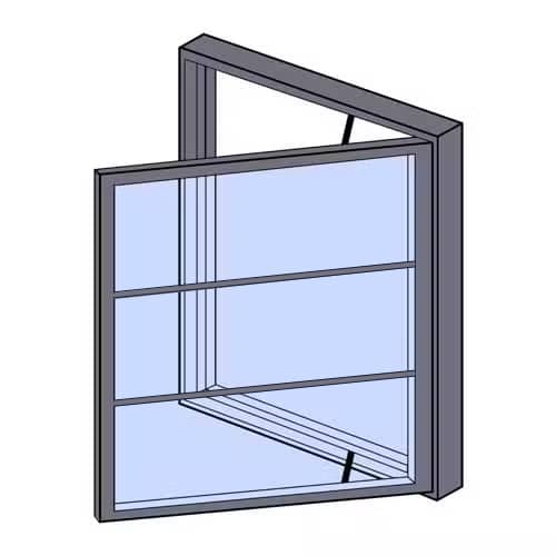 Illustration of an open window with a dark frame and transparent glass panels, viewed from an angle.