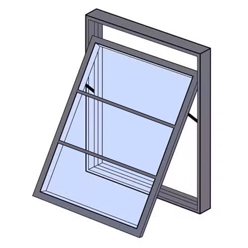 Illustration of an open casement window with two horizontal bars, showing the frame and clear glass panes.