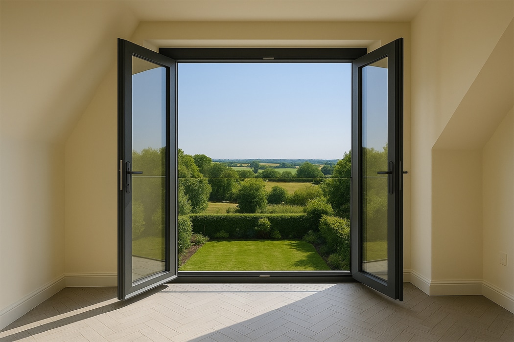 Open black aluminium bifold doors frame a verdant garden and distant countryside, showcasing expansive views through slim-profile glazing.