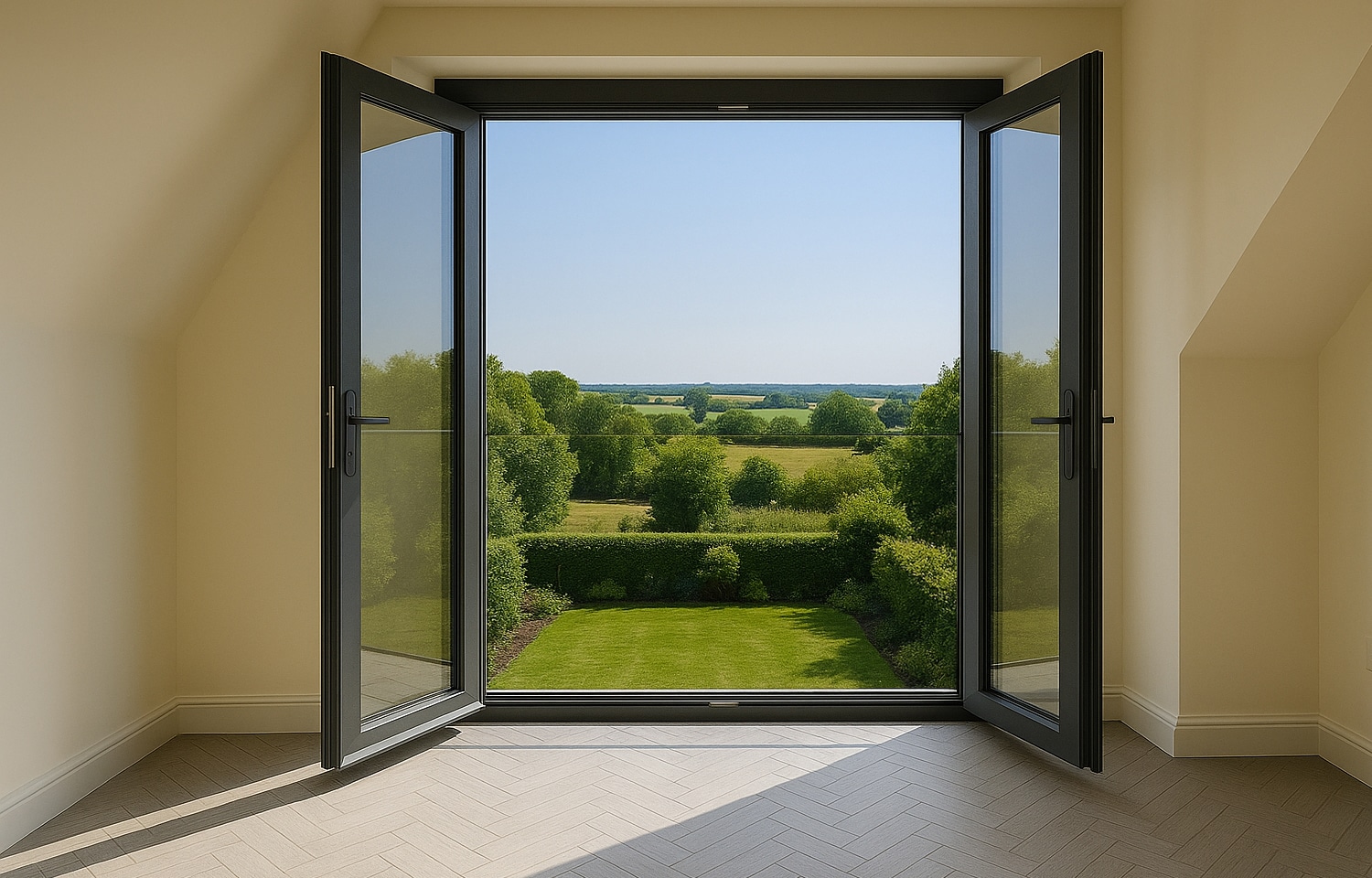 Large black-framed double doors open to a garden and countryside under a clear blue sky, viewed from a bright room with pale walls, herringbone flooring, and a frameless glass balustrade for uninterrupted views.
