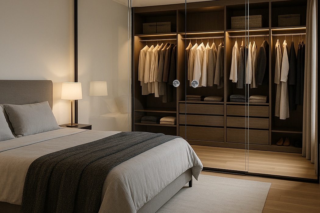 Modern bedroom with frameless glass sliding wardrobe doors revealing organised clothing and storage shelves.