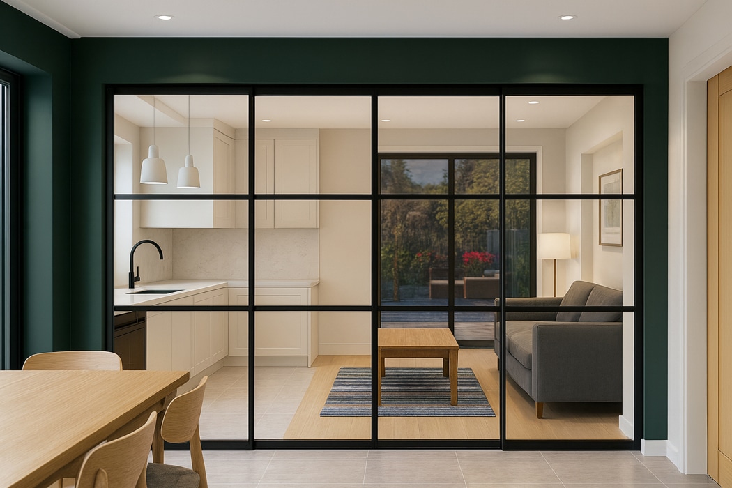 SF22 heritage sliding doors with Art Deco-style glazing dividing a contemporary open-plan living space, featuring black frames and multiple glass panels.