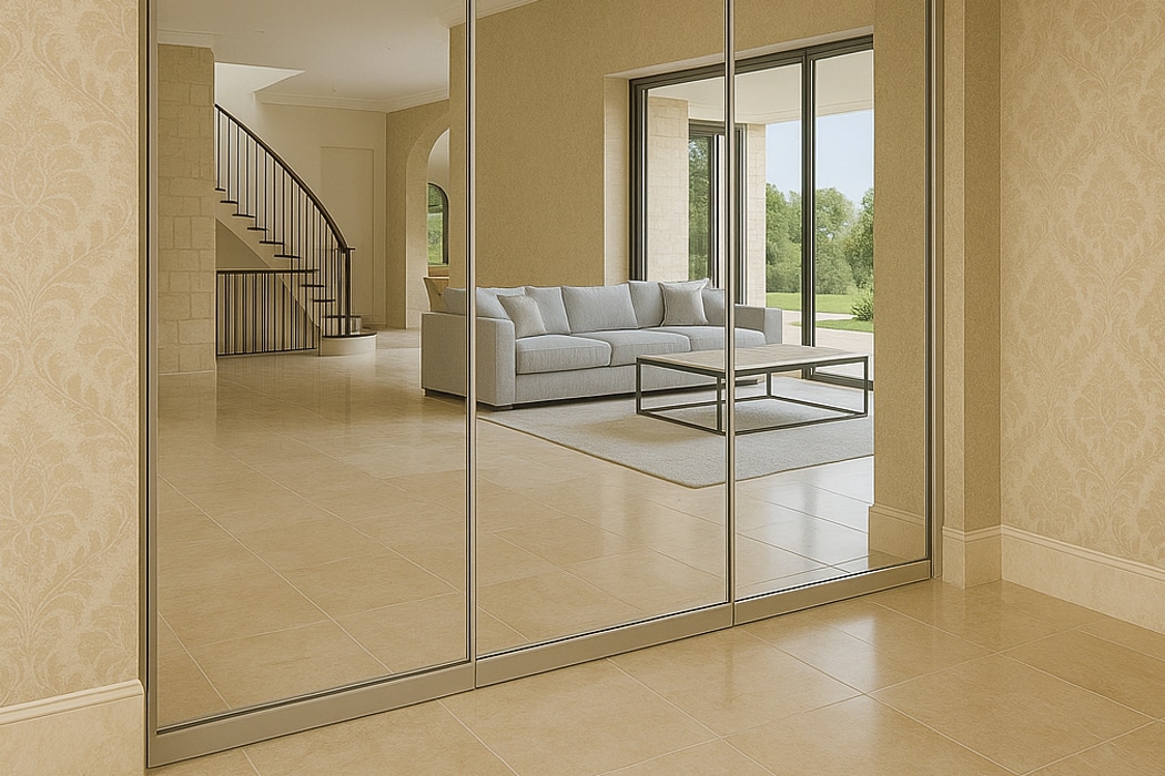 Frameless glass sliding doors opening onto a bright living room with grey sofa, stone flooring, and garden views beyond.