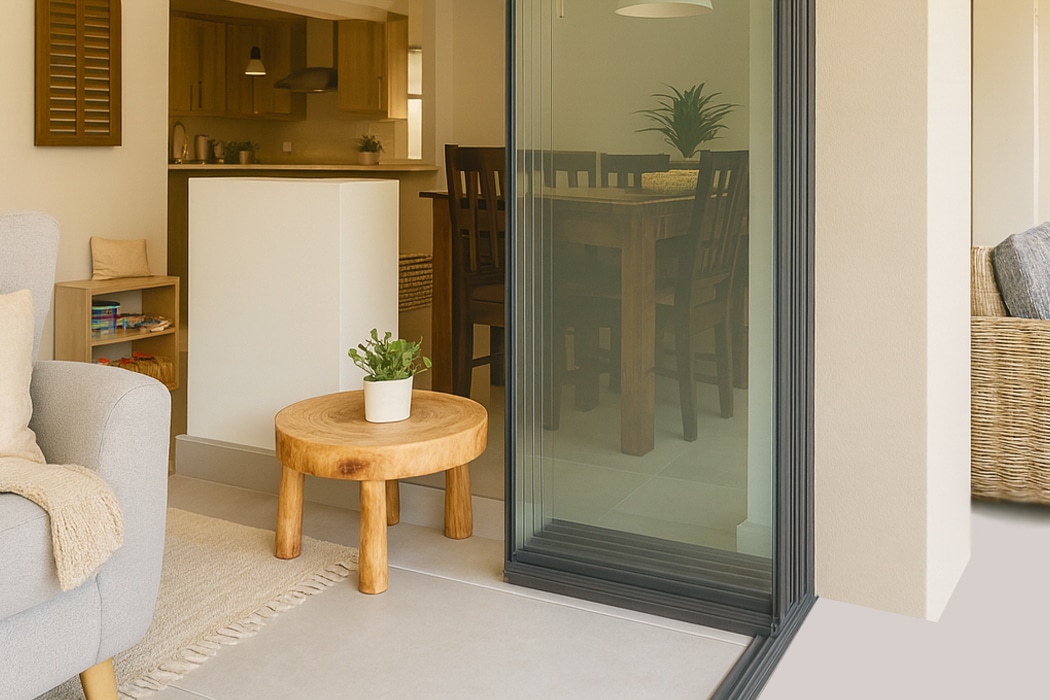 Frameless glass slide and turn door opening onto a modern kitchen, maximising light and views in a contemporary living space.