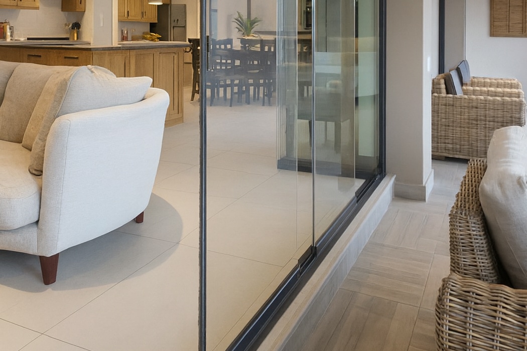 Frameless glass slide and turn door seamlessly connecting modern living spaces with minimalist aluminium framing and unobstructed views.