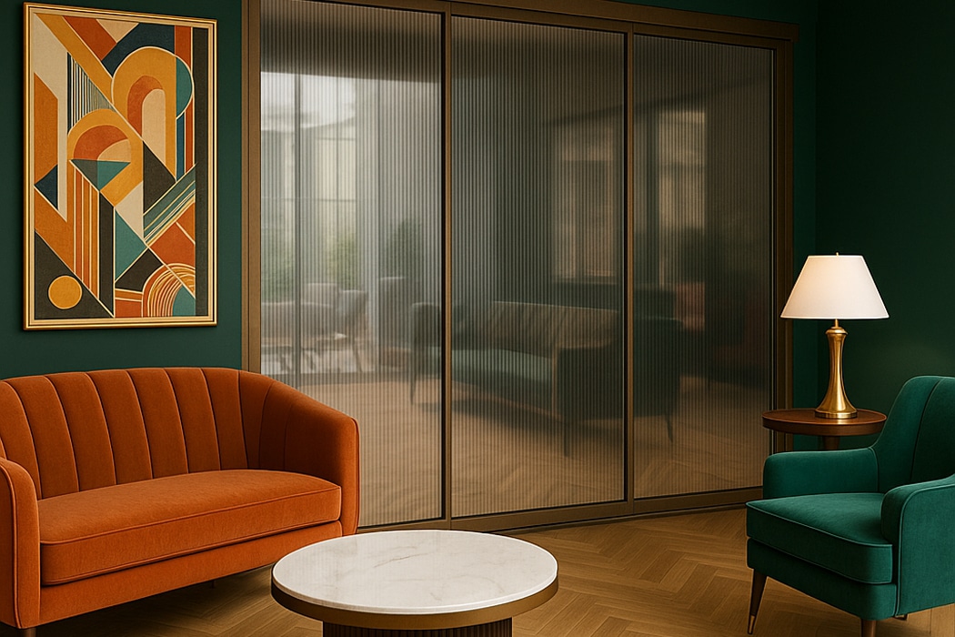 Contemporary living room featuring elegant slide and turn doors with fluted glass panels, framing views whilst maintaining privacy in this art deco-inspired interior.