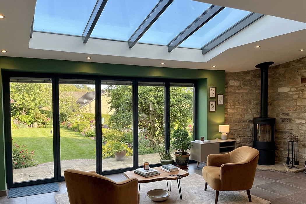 Modern extension with inset glass roof, black-framed bifold doors, and stone walls, featuring contemporary furnishings and garden views.