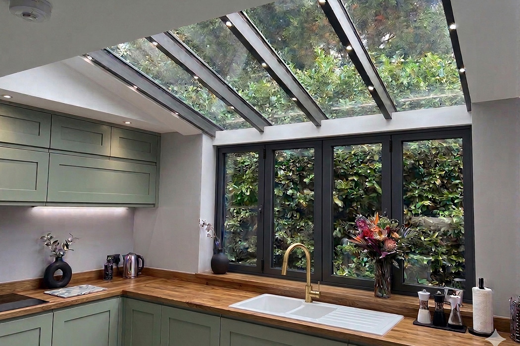 Modern kitchen with inset glass roof gallery flooded with natural light, featuring black framed doors and wooden worktops.