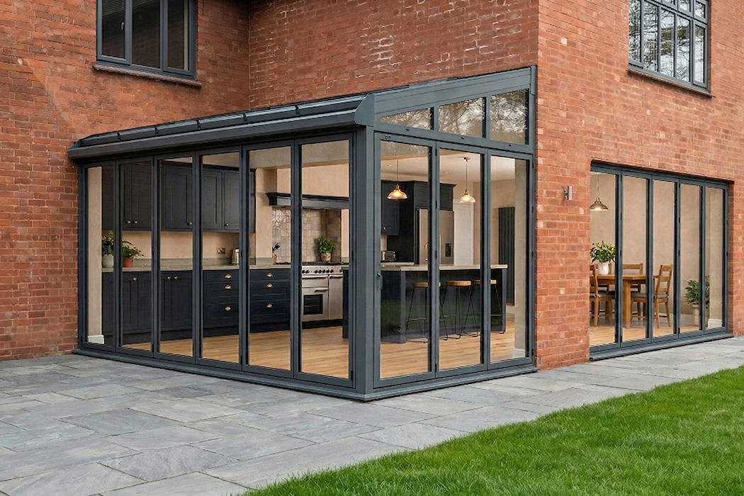 Modern brick extension with bespoke structural glass roof and aluminium bifold doors opening to patio.