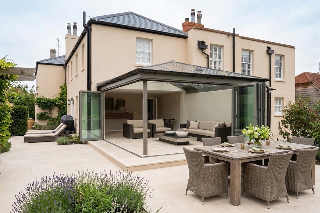 Modern home extension with structural glass roof and bifold doors opening onto paved terrace with dining furniture.