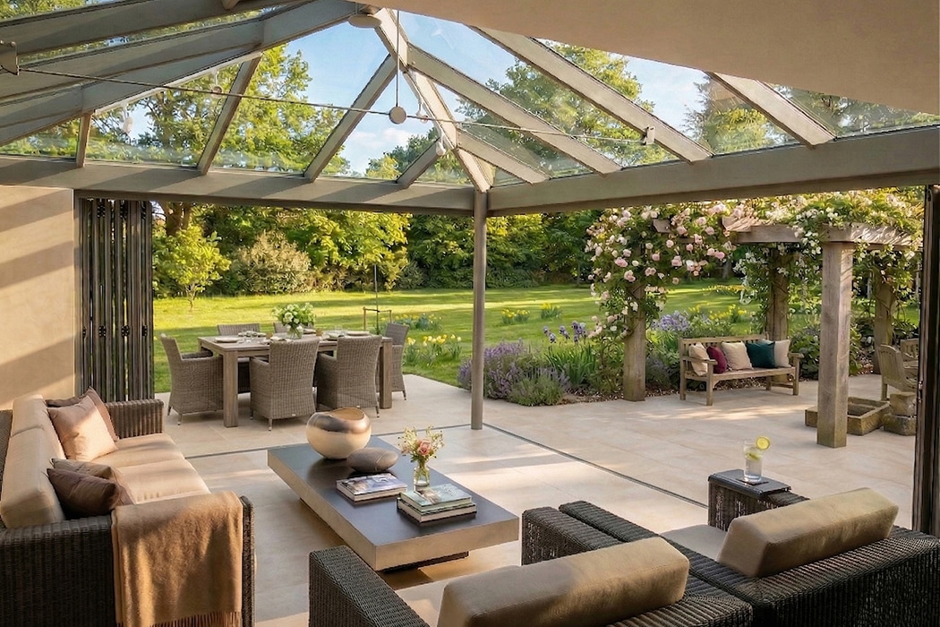 Luxurious garden room with structural glass roof, bifold doors, and contemporary furnishings overlooking manicured grounds.