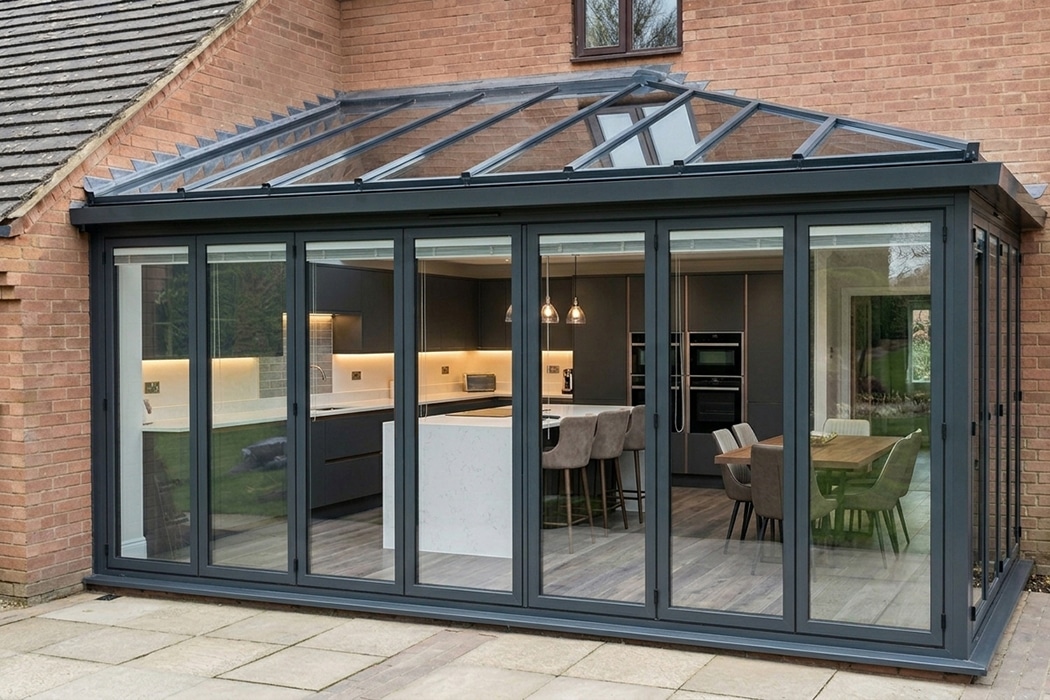 Modern glass roof extension with bifold doors opening onto patio, showcasing contemporary kitchen and dining space beyond.