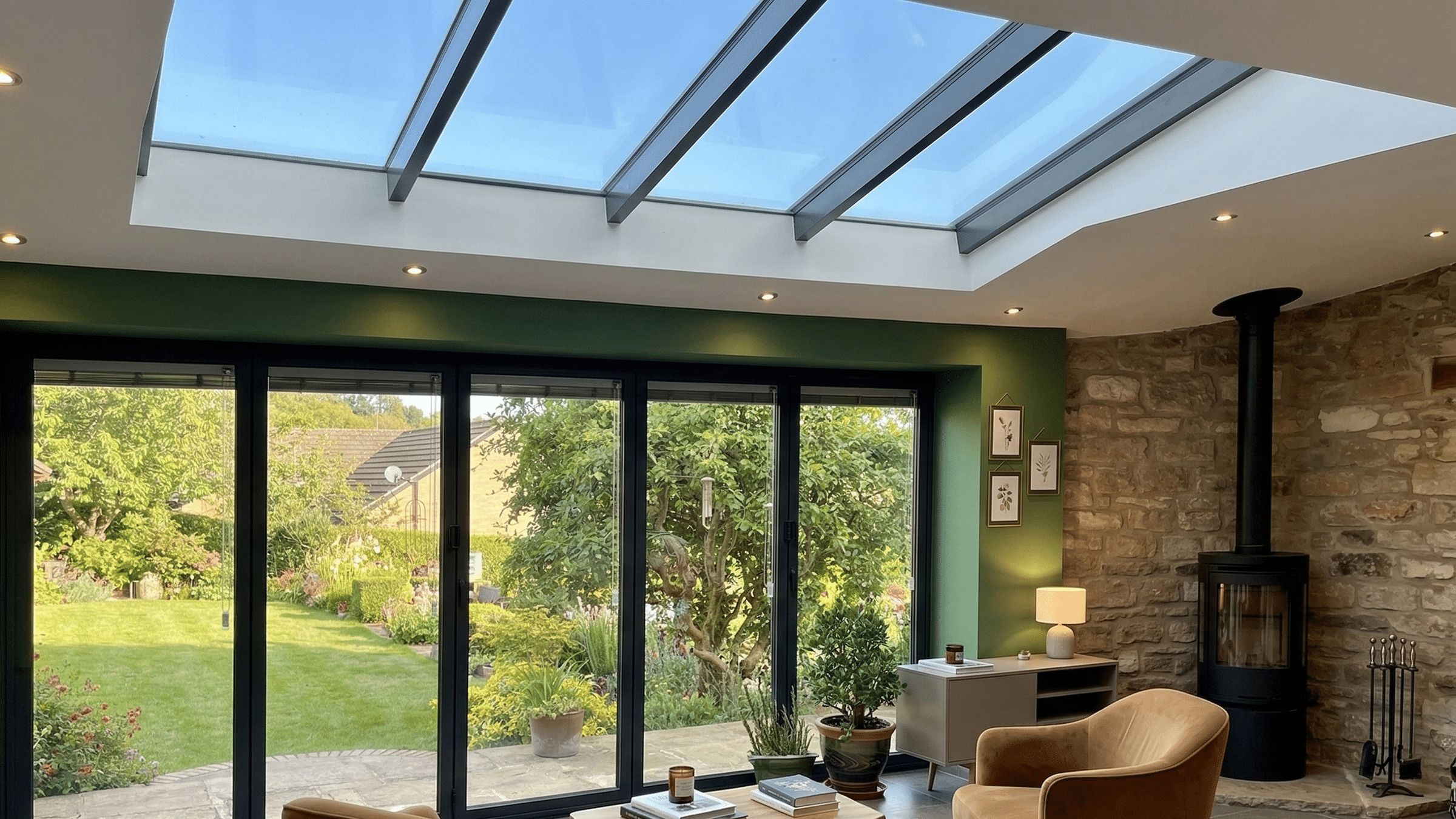 Inset glass roof flooding a modern living space with natural light, featuring slim-profile aluminium frames and expansive garden views.